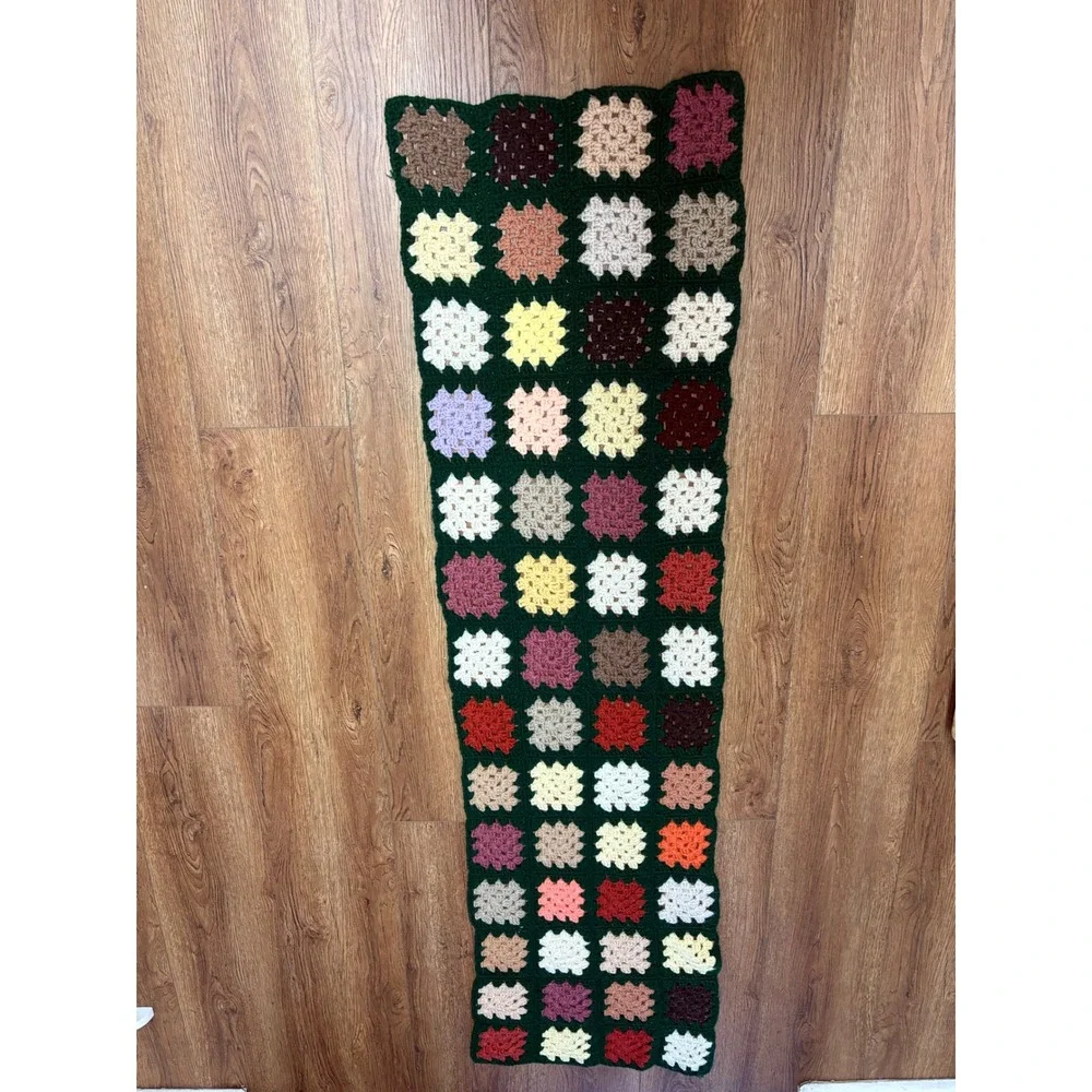 Handmade Crochet Granny Square Table Runner Green Multi Color Boho Vintage 70x19